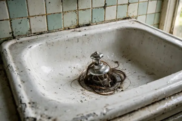 Hair caught around the stopper of an older Palmyra bathroom sink