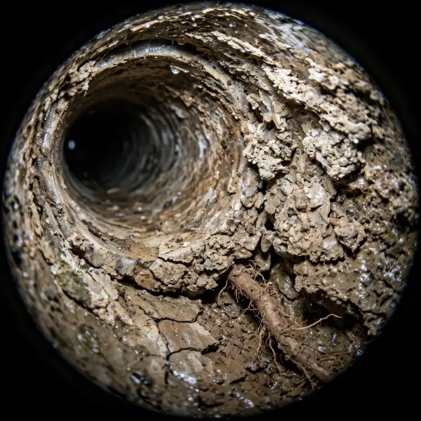 Camera view of scale and roots inside a Palmyra drain pipe