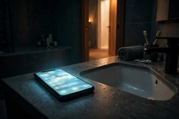 Glowing phone on a Palmyra bathroom counter at night
