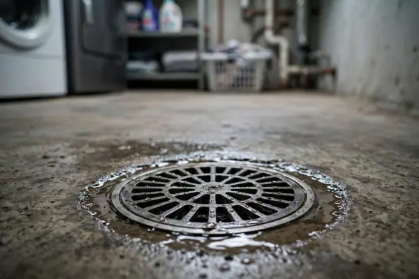 Basement floor drain in a Palmyra laundry room