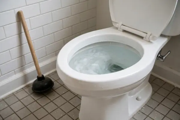 Toilet with high water and plunger in a Palmyra bathroom