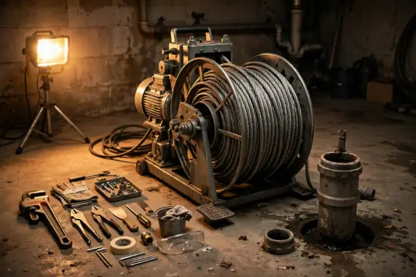 Drain cleaning cable machine set up in a Palmyra basement