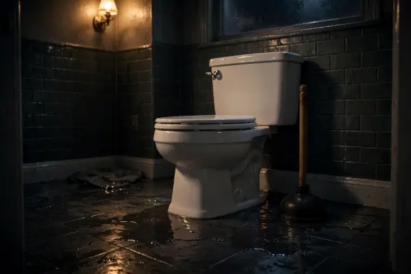 Plunger beside a toilet in a Palmyra bathroom at night