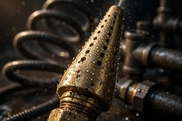 Brass jetting nozzle with water droplets in Palmyra
