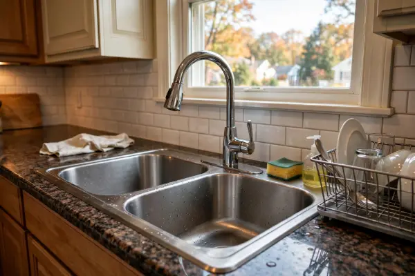Double basin kitchen sink with faucet in a Palmyra home