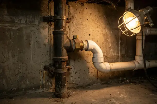 Main drain stack with cleanout in a Palmyra basement