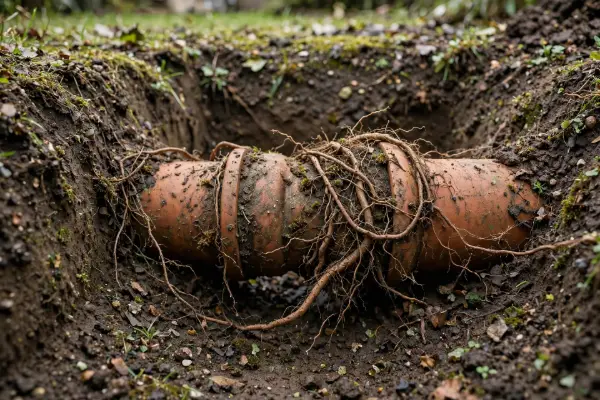 Clay drain pipe with tree roots in a Palmyra yard